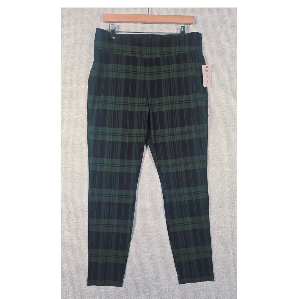Philosophy Republic Clothing Green Navy Plaid‎ Pull On Slim Pants Womens 14 NWT